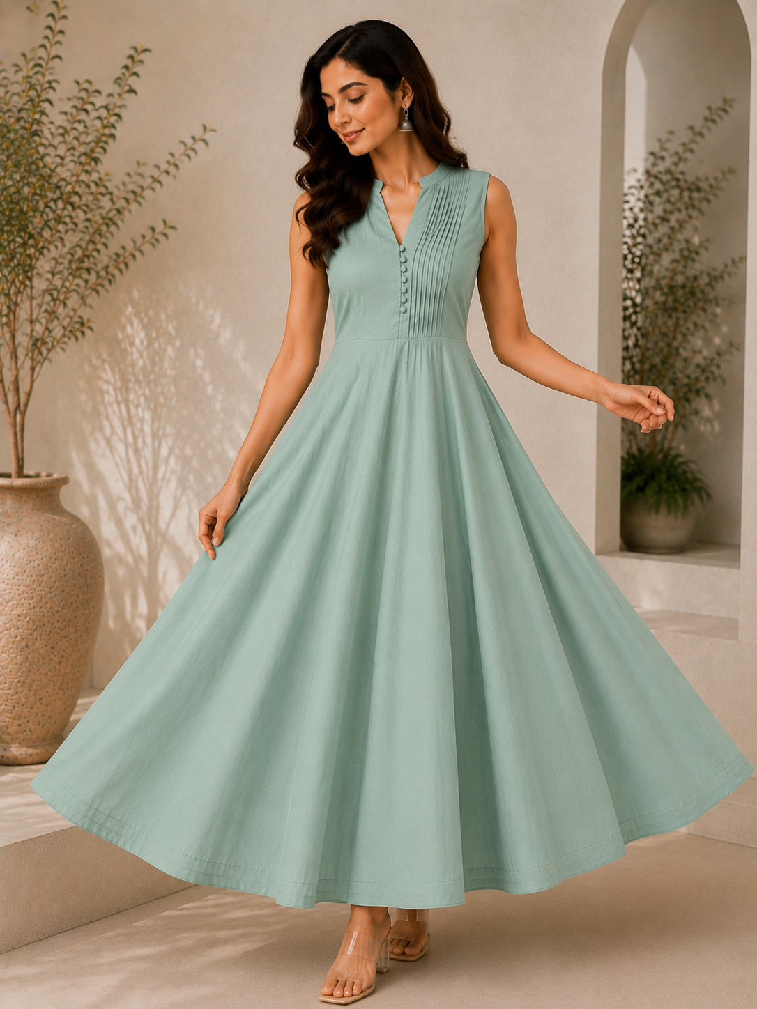 Siya Sage Green Sleeveless Flared Dress