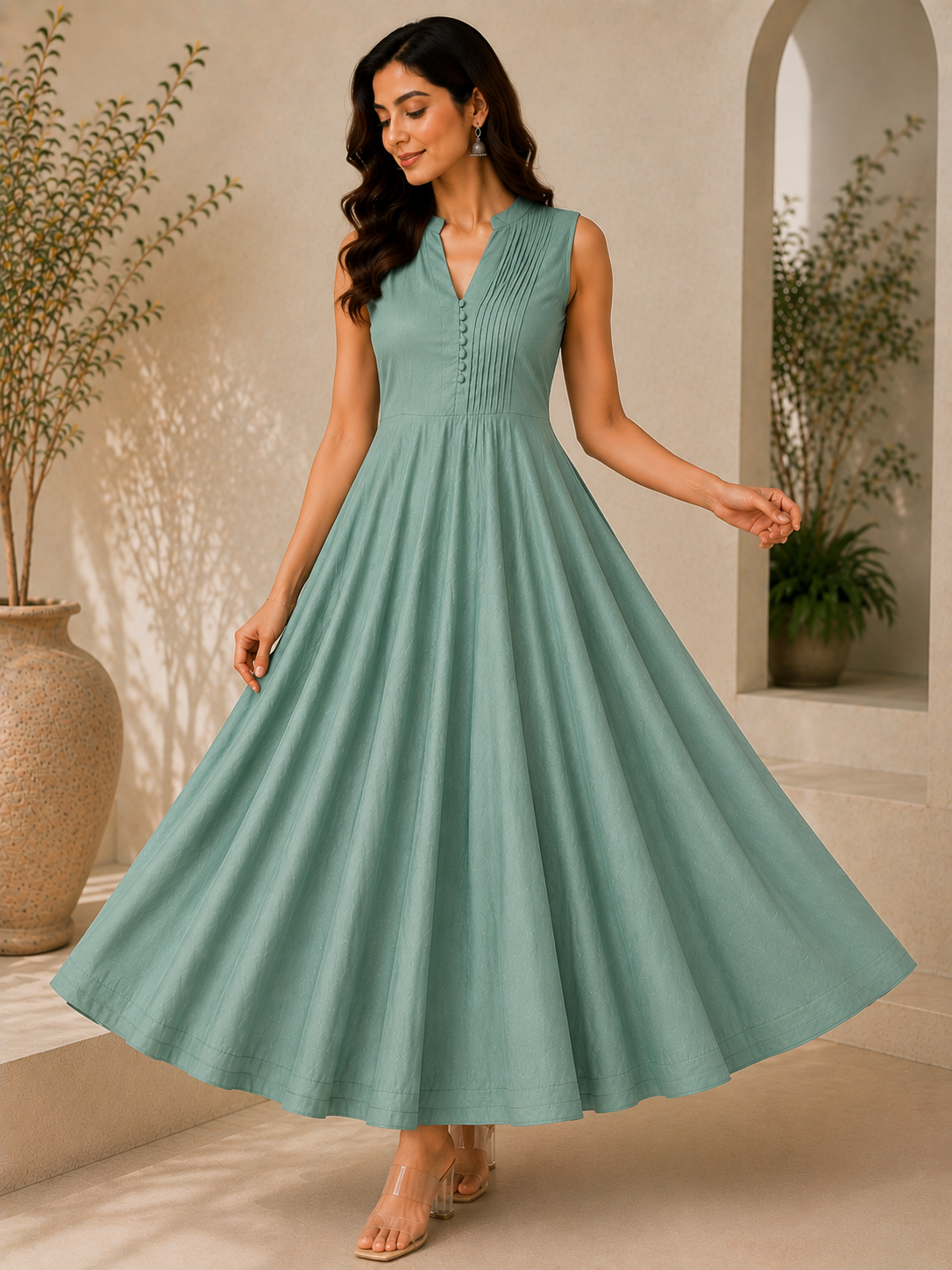 Siya Sage Green Sleeveless Flared Dress