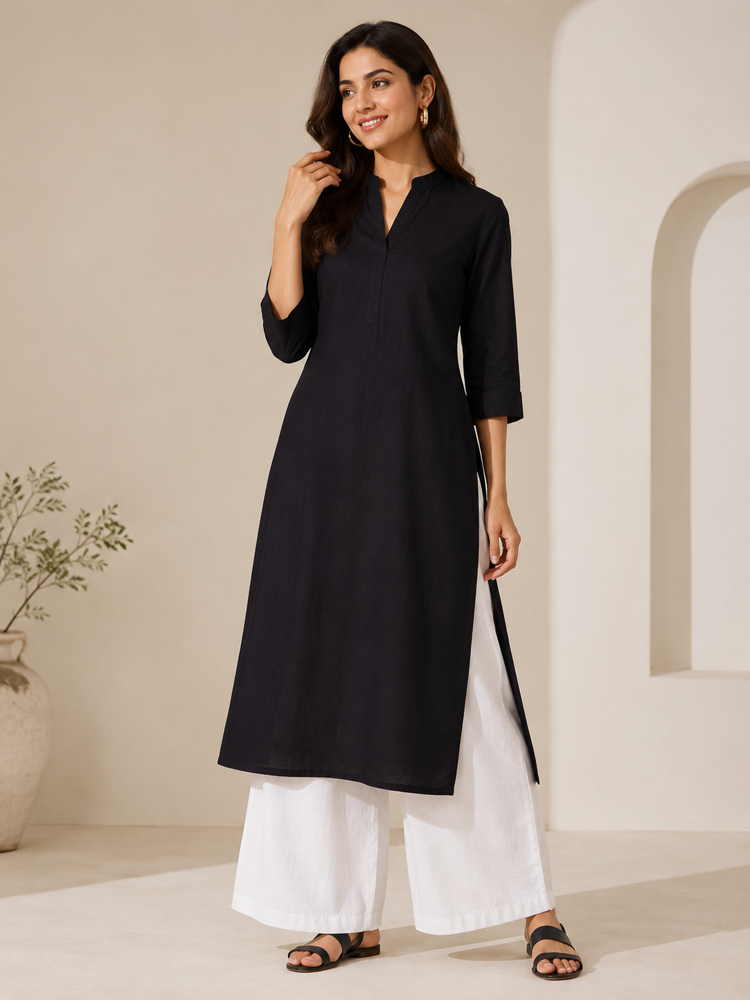 Midnight Black Straight Kurta with White Palazzo Set
